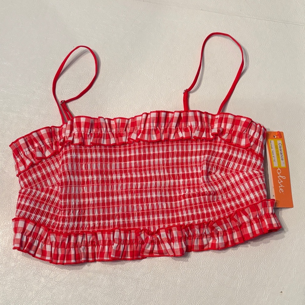 NWT Colsie Red and White Plaid Ruffle Crop Top